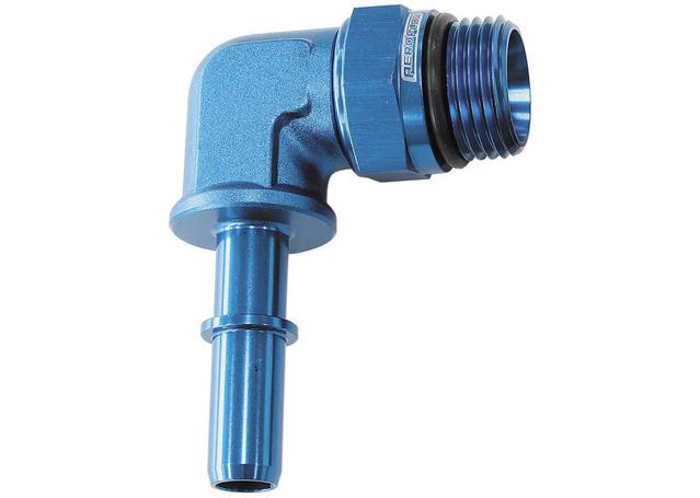 Aeroflow EFI Fuel Fitting 90 Deg 5/16" Push On Barb To -8ORB Blue