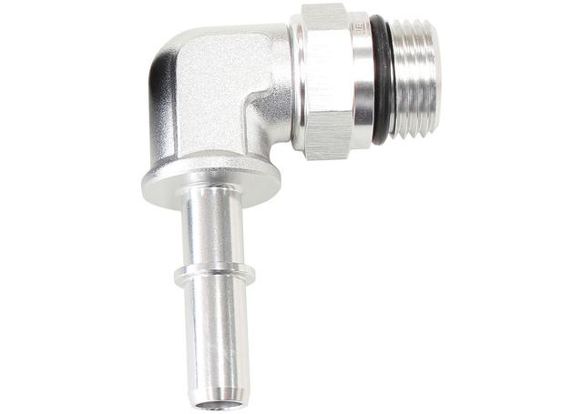Aeroflow EFI Fuel Fitting 90 Deg 5/16" Push On Barb To -8ORB Silver