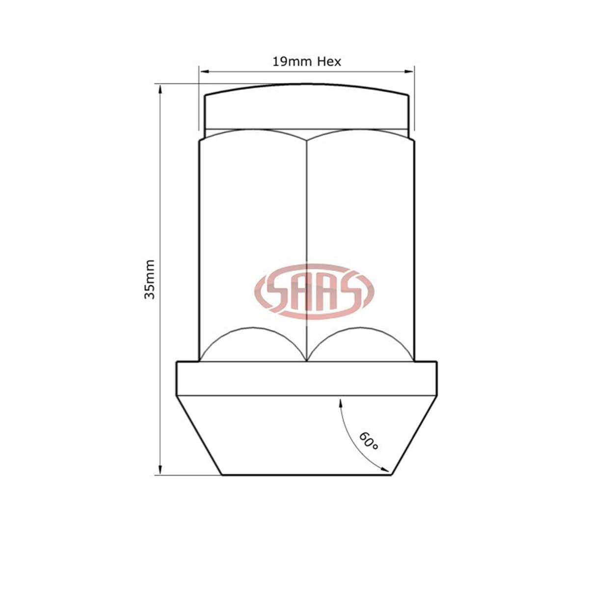 SAAS Wheel Nut Flat Head Bulge M12x1.50 Black 35mm (20 Pack) 43596BBC