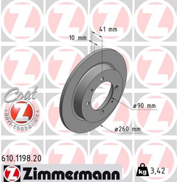 Zimmermann OE Coat Z Brake Rotor Single 260mm Rear 610.1198.20