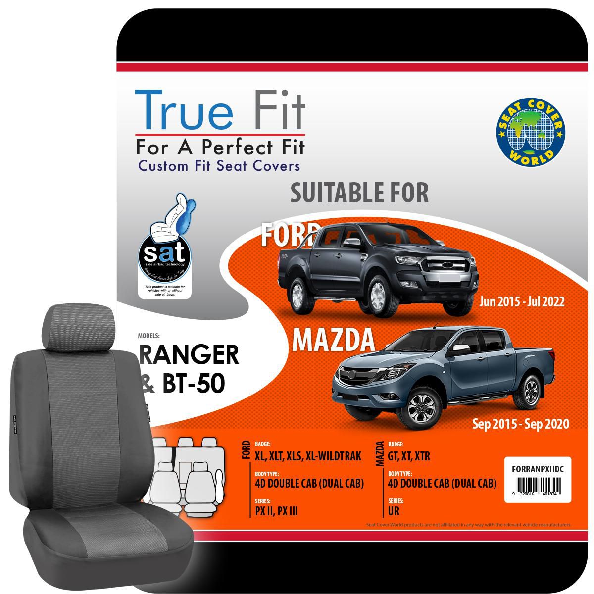 True Fit Tailored Seat Covers Fits Ford Ranger PXII XL, XLT, XLS & Wildtrack Dual Cab 2015 - On