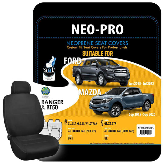 True Fit Tailored Neoprene Seat Covers Fits Ford Ranger PXII XL, XLT, XLS & Wildtrack Dual Cab 2015 - On