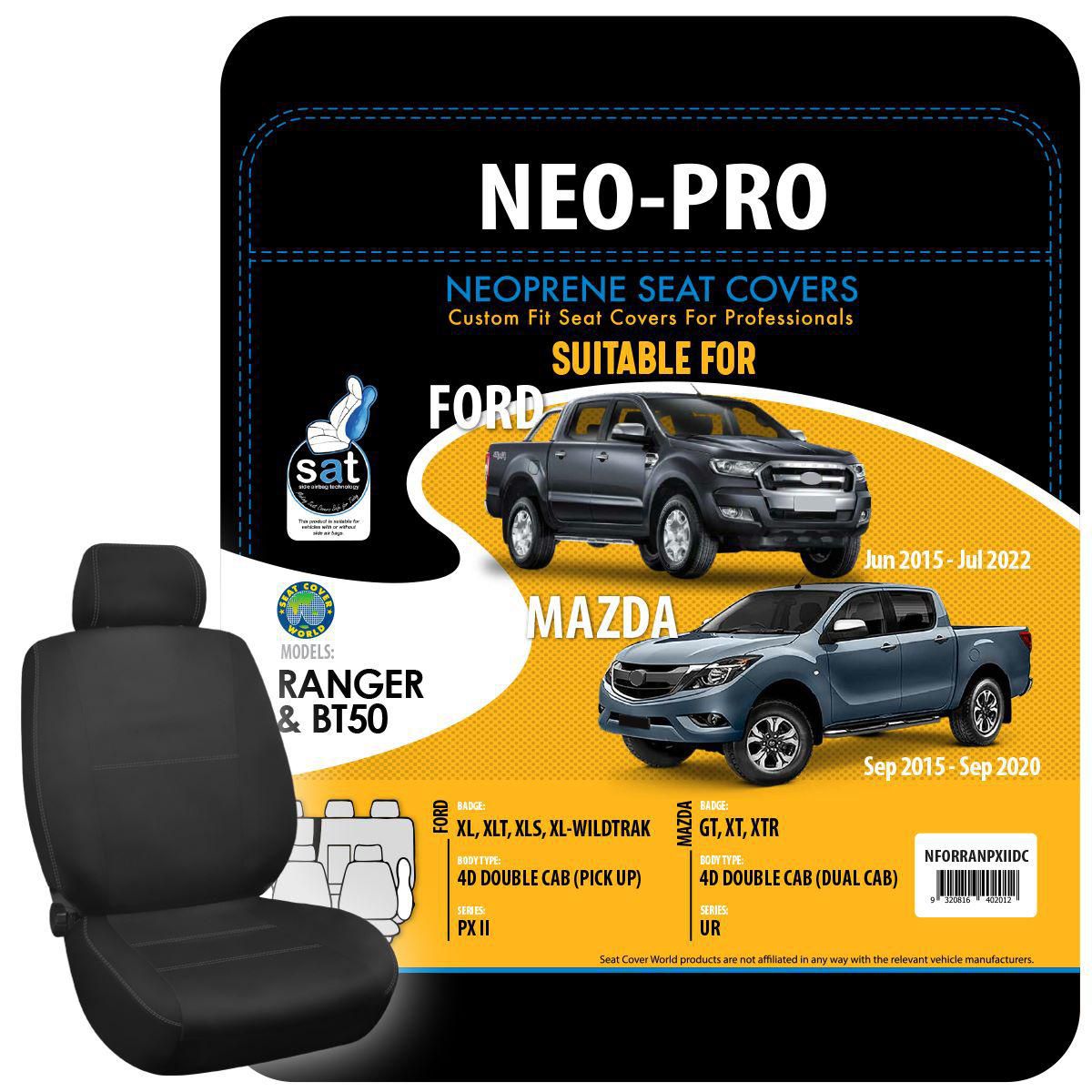 True Fit Tailored Neoprene Seat Covers Fits Ford Ranger PXII XL, XLT, XLS & Wildtrack Dual Cab 2015 - On