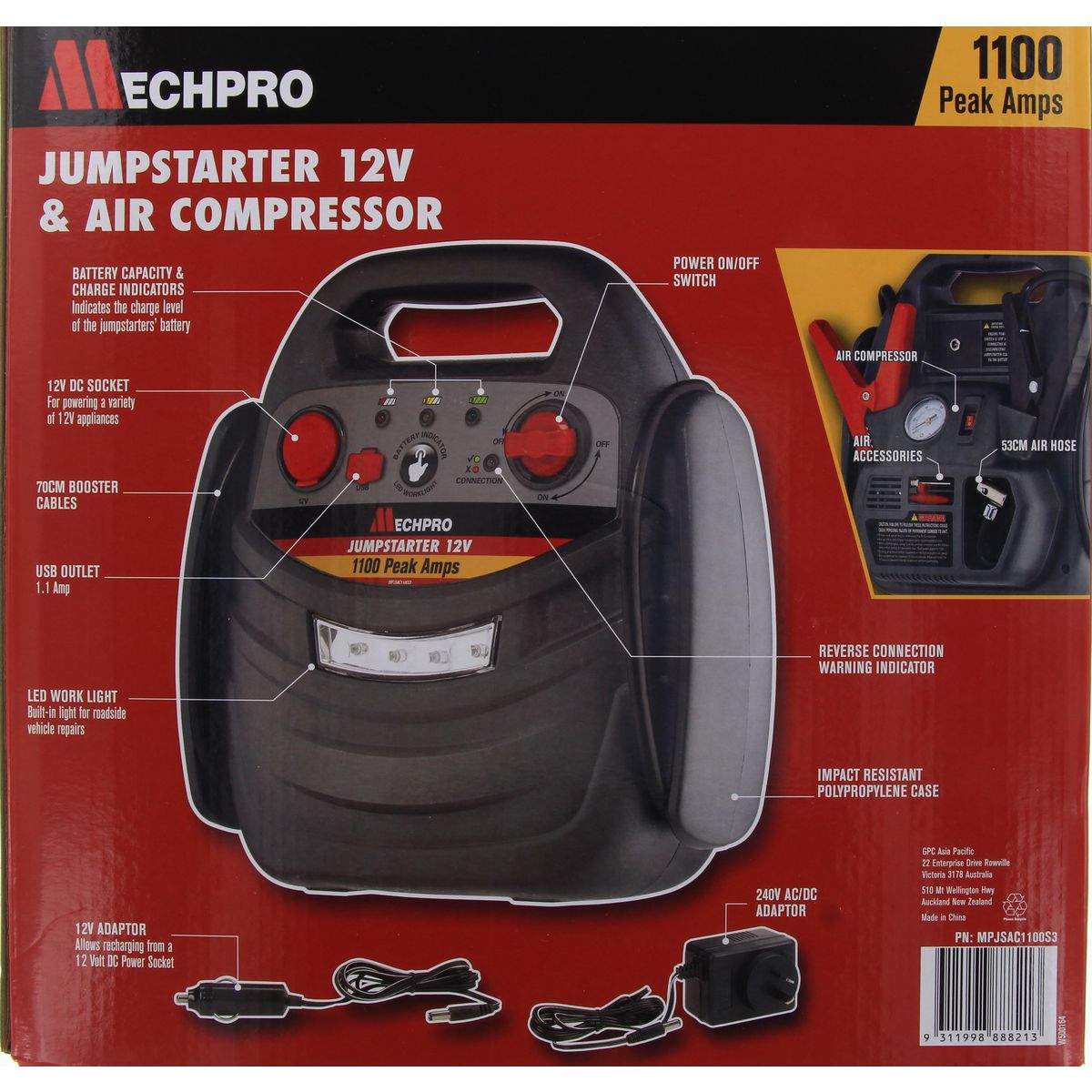 Mechpro Jump Starter 12V 1100A With Air Compressor MPJSAC1100S3