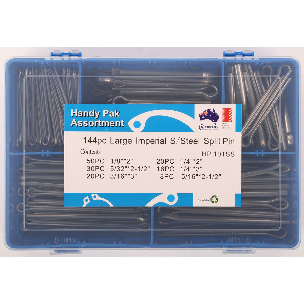 Circlips Australia Large S/S Split Pin Kit-144Pc Imp HP101SS