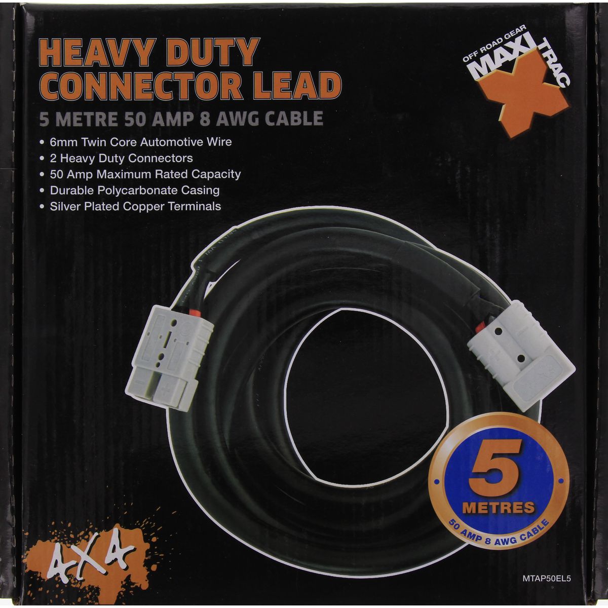 Maxi Trac Heavy Duty Connector Extension Lead 5M 50A 8 Awg MTAP50EL5