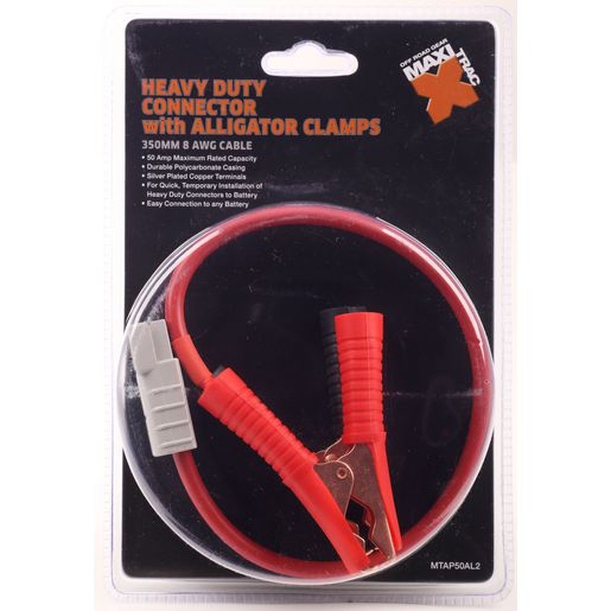 Maxi Trac 4x4 Connector Heavy Duty 350mm 8AWG 50A w/ Alligator Clamps
