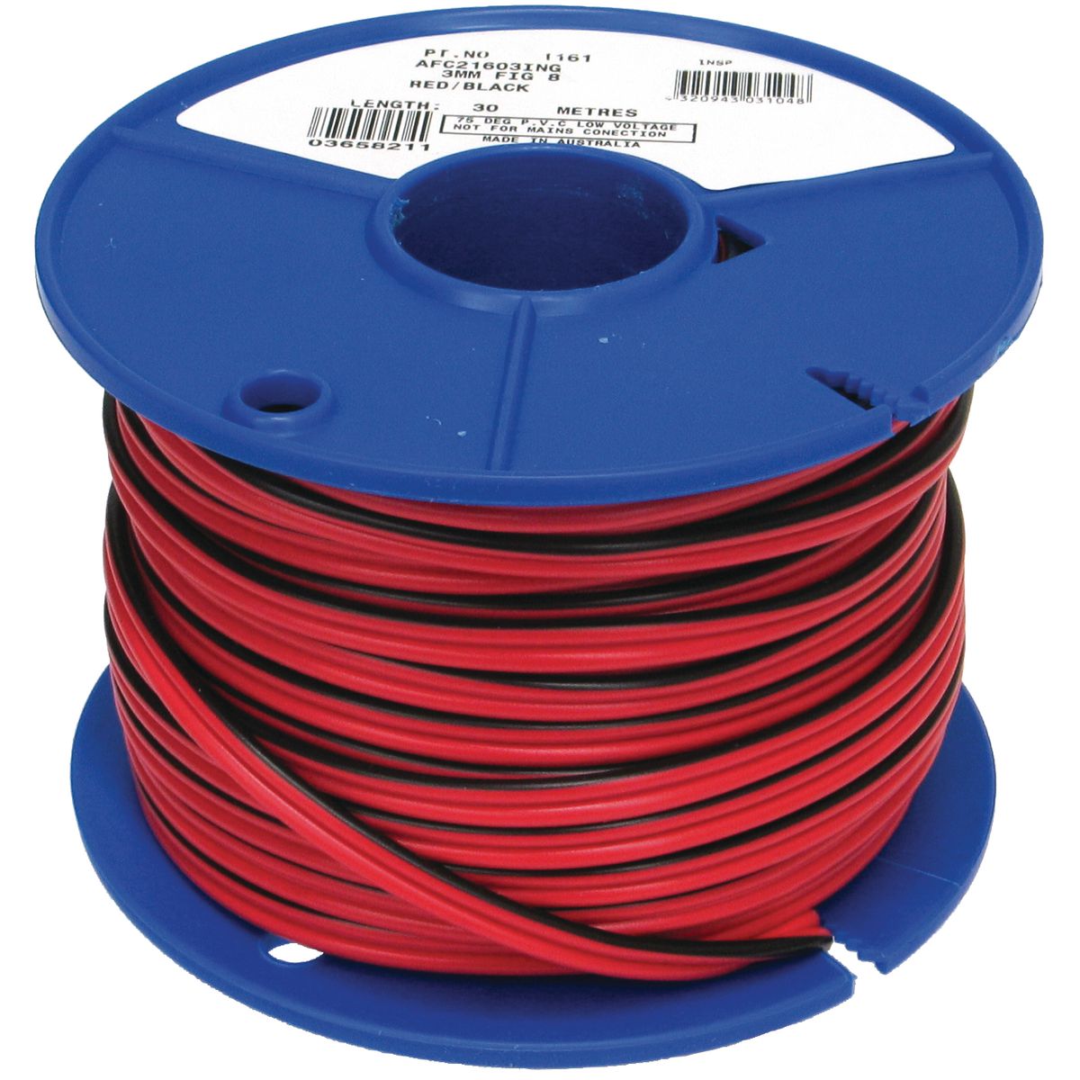 OEX Automotive Cable Twin Core 3mm Figure 8, Red W/Black Trace 30M Roll ACX0802