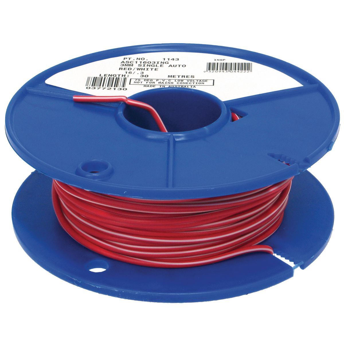 OEX Automotive Cable Single Core 3mm Red W/White Trace 30M Roll ACX0713