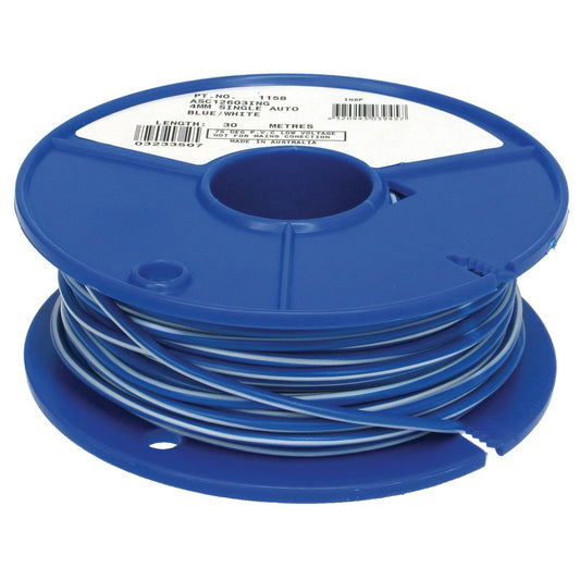 OEX Automotive Cable Single Core 4mm Blue W/White Trace 30M Roll ACX0740