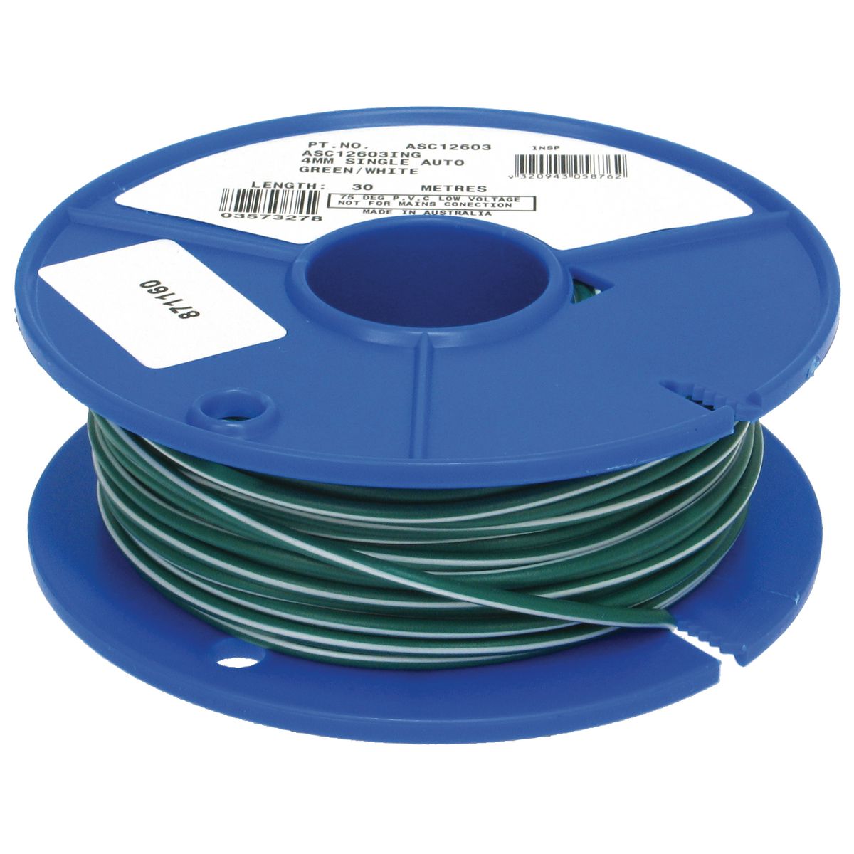 OEX 4mm Single Core Automotive Cable, Green With White Trace - 30M Roll ACX0742