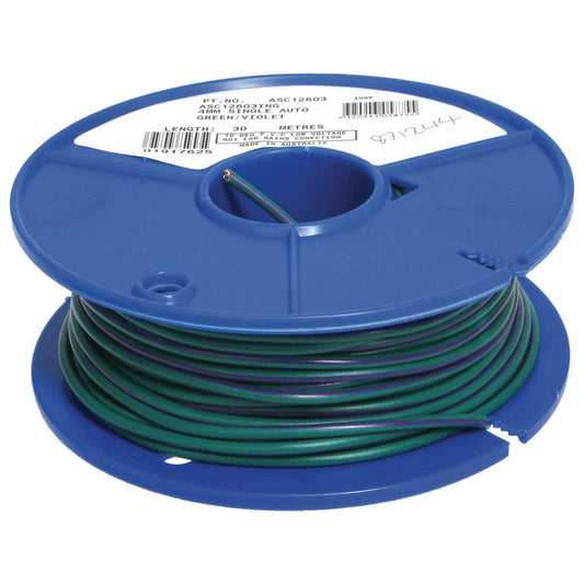 OEX 4mm Single Core Automotive Cable, Green With Violet Trace - 30M Roll ACX0747