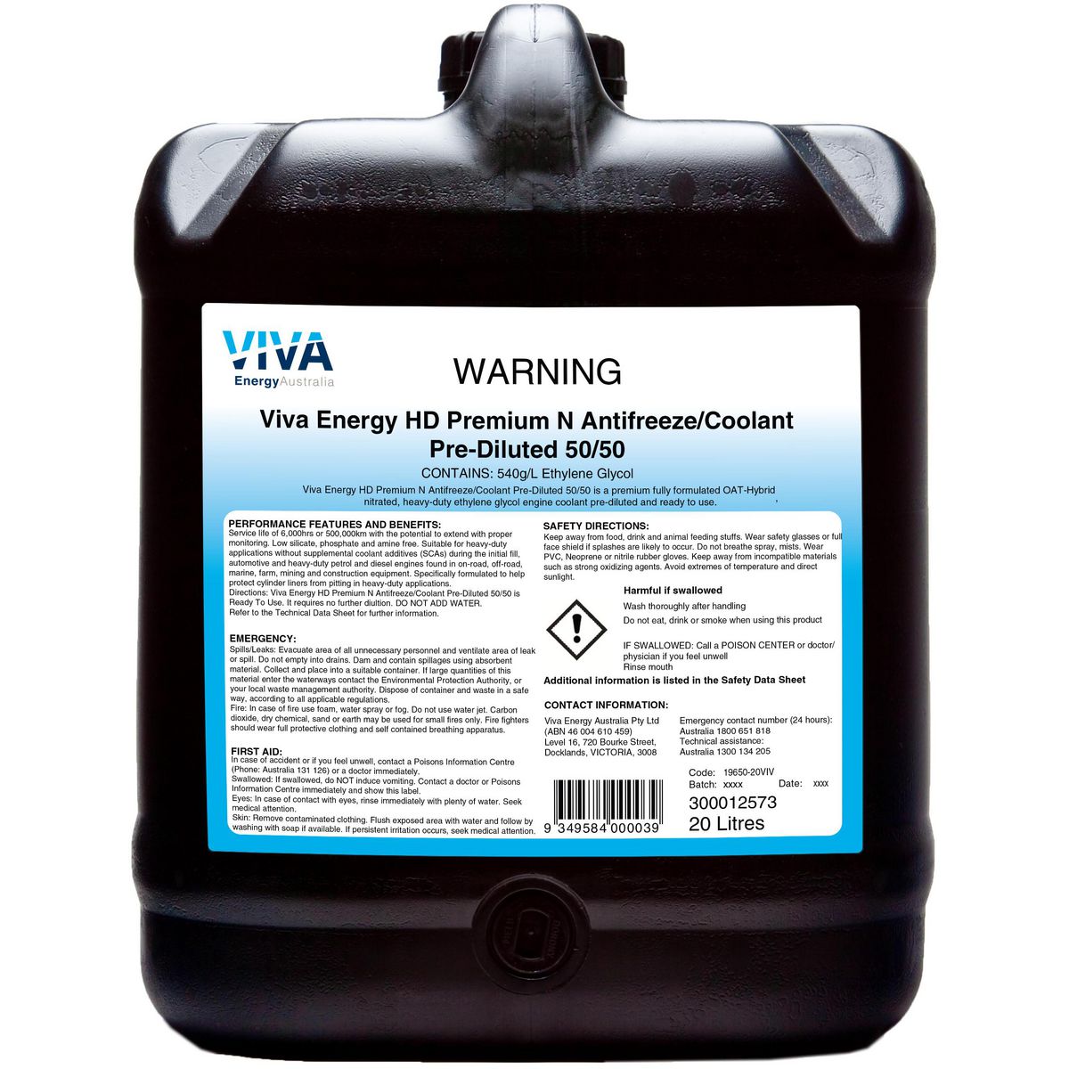 Shell Lubricants Viva Energy HD Prem N Anti-Freeze Coolant 50/50 20L 300012573