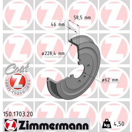 Zimmermann Coat Z Brake Drum Single 228.5mm Rear 150.1703.20