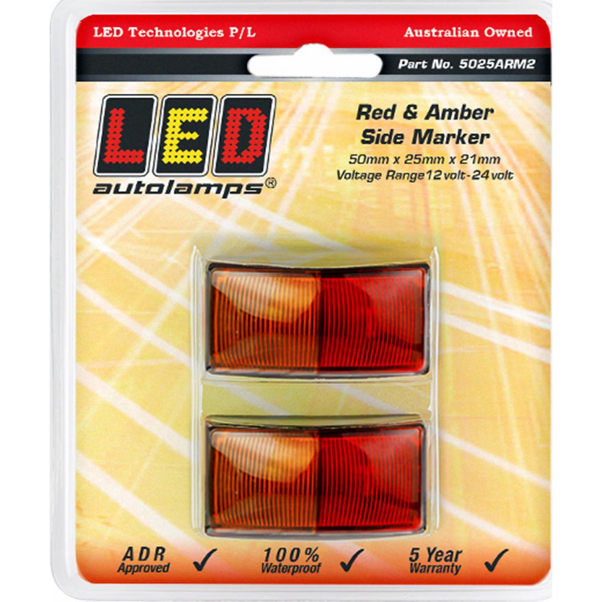LED Autolamps Side Marker Red/Amber 50x25x21mm 12-24V Twin Pack 5025ARM2