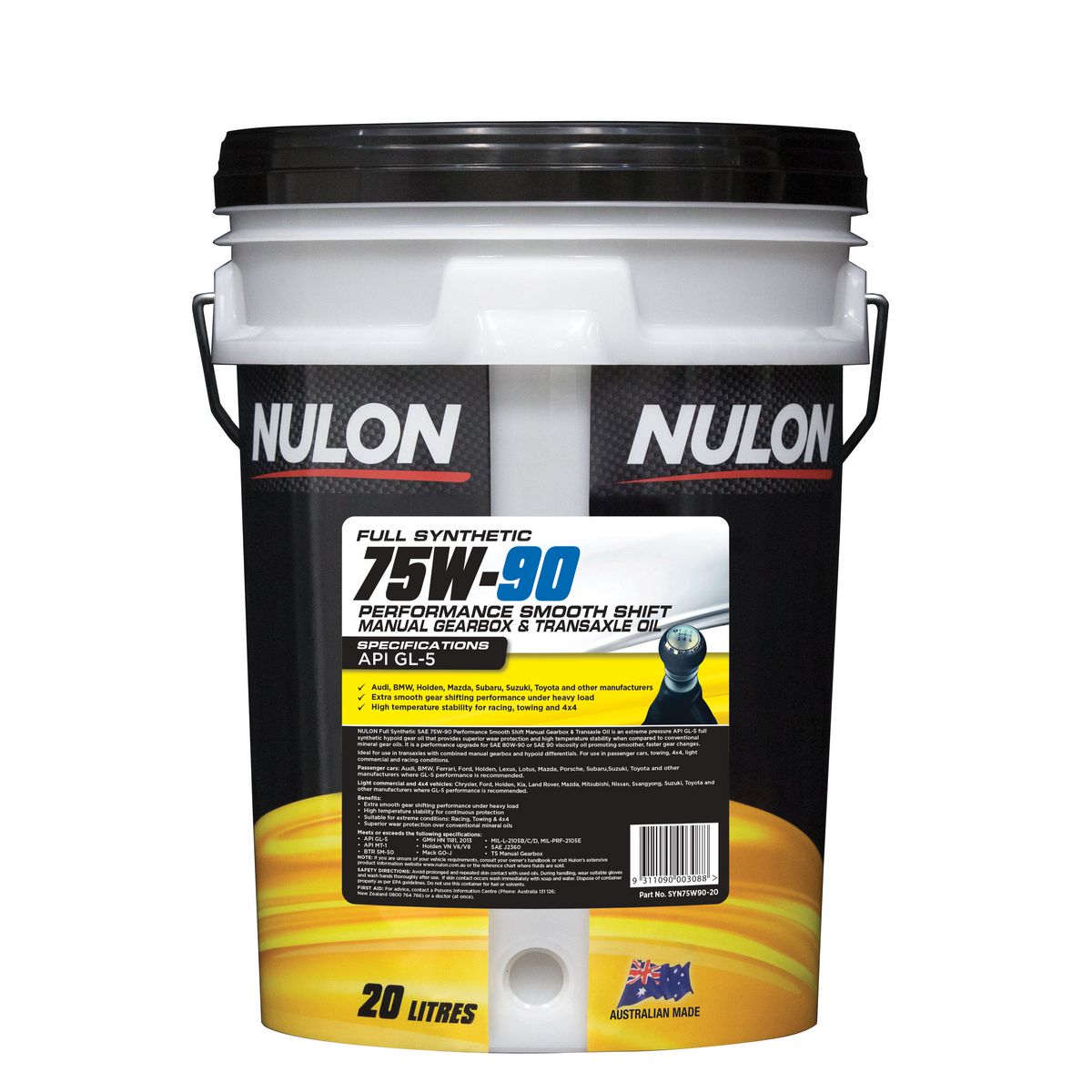 Nulon 75W-90 Manual Gearbox and Transaxle Oil 20L Full Synthetic SYN75W90-20