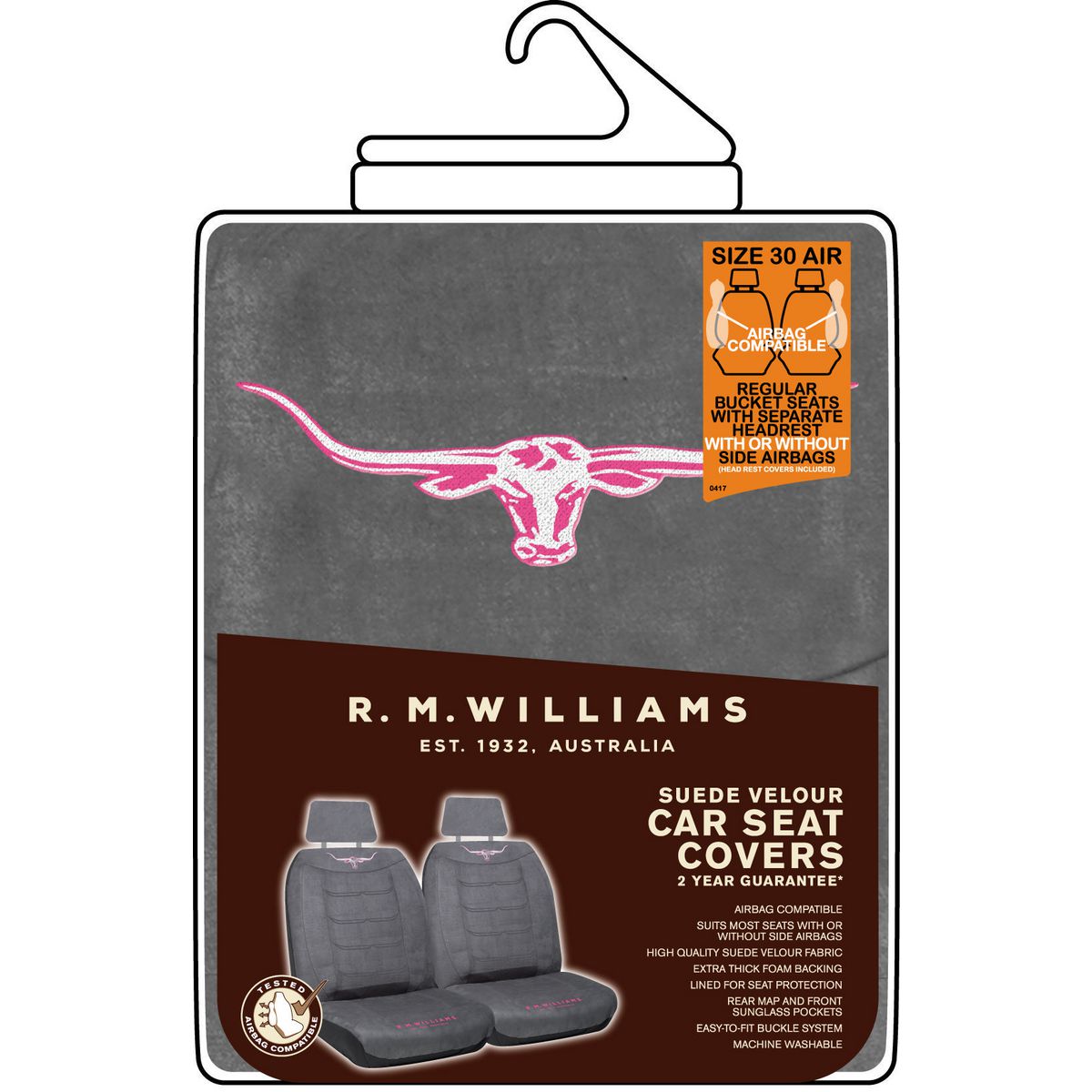 R.M. Williams Front Car Seat Covers Suede Velour, Grey/Pink - Pair VLRMWJGRY30