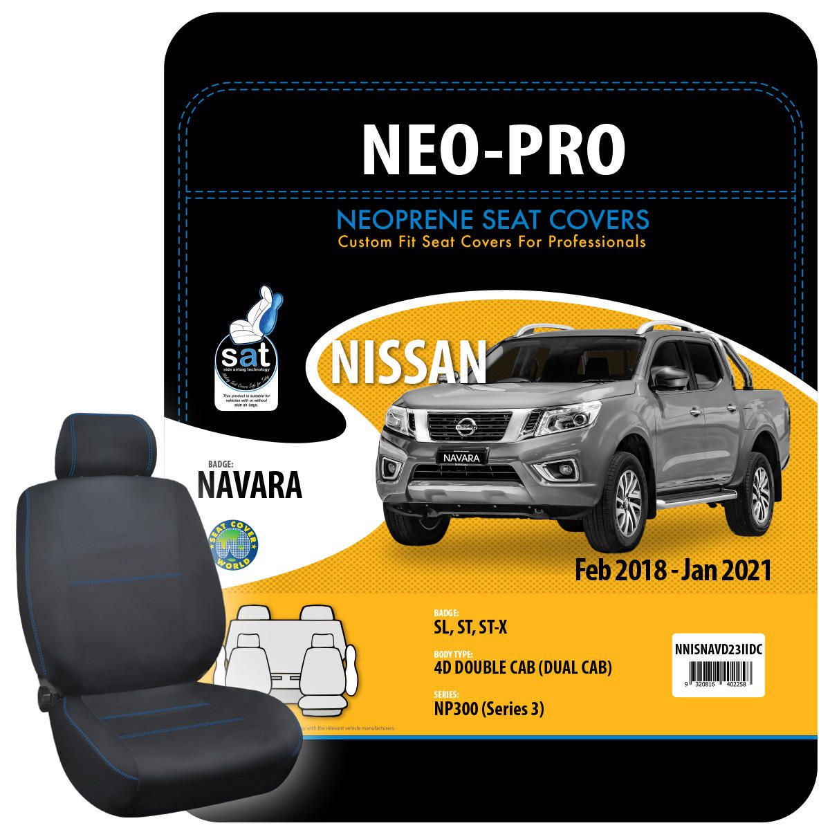 True Fit Tailored Neoprene Seat Covers Fits Nissan Navara NP300 SL, ST & ST-X Dual Cab 2018 - On