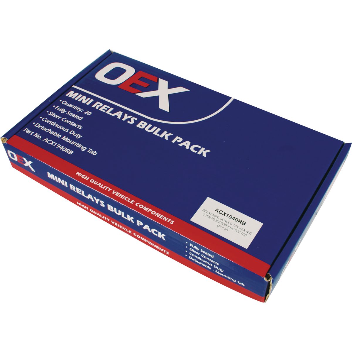 OEX Mini Relay 12V Normally Open 40A - Resistor Protected, Sealed - Pack Of 20 ACX1940RB