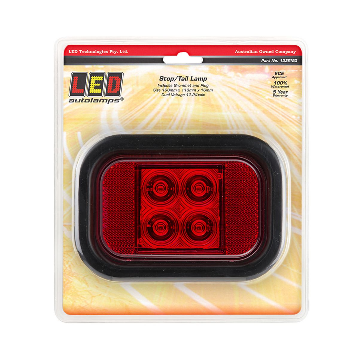 LED Autolamps LED Technologies Stop/Tail/Reflector LED Light Red Lens 4 LEDs W/ Rubber Grommet And Plug 12/24V 133RMG