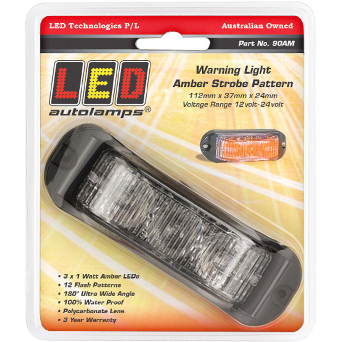 LED Autolamps Amber Emergency Lamp with Strobe 112mm 90AM
