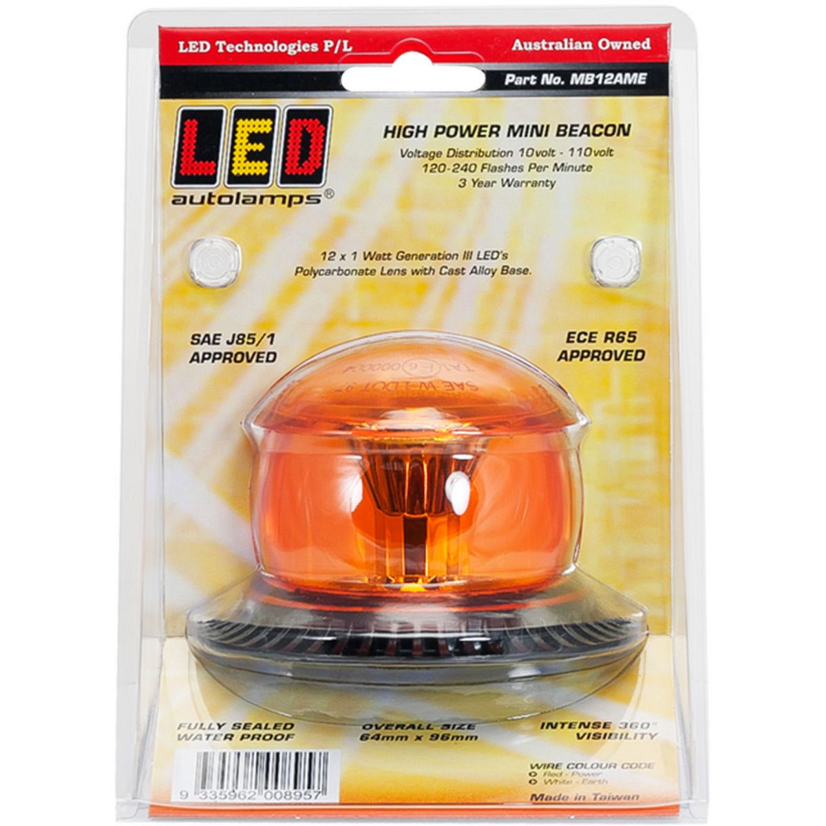 LED Autolamps Amber Beacon Light Amber Lens IP67 10/48V MB12AM