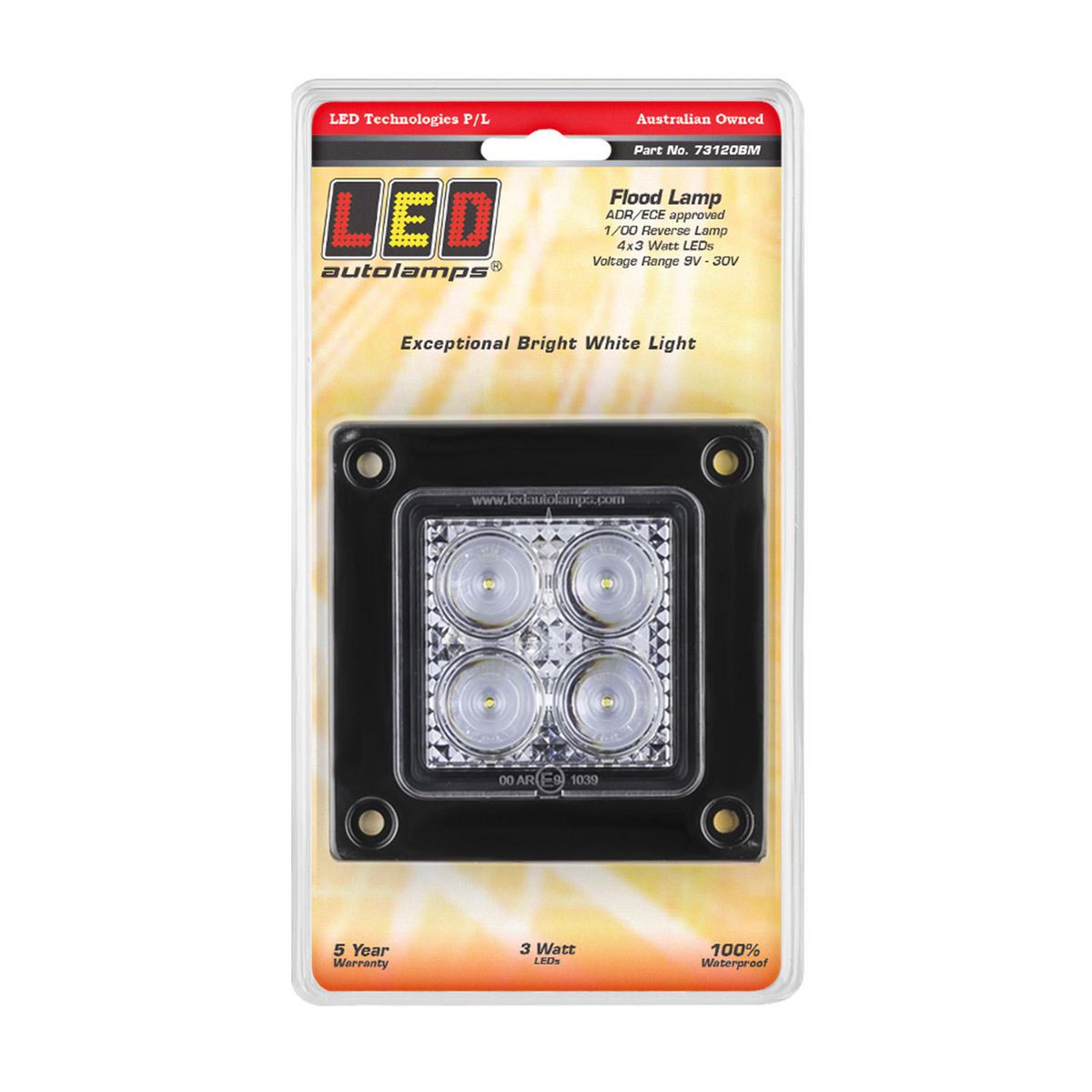 LED Autolamps Work Lamp Square Flood Beam 12V (4 LED) 3W 40cm Cable 73120BM