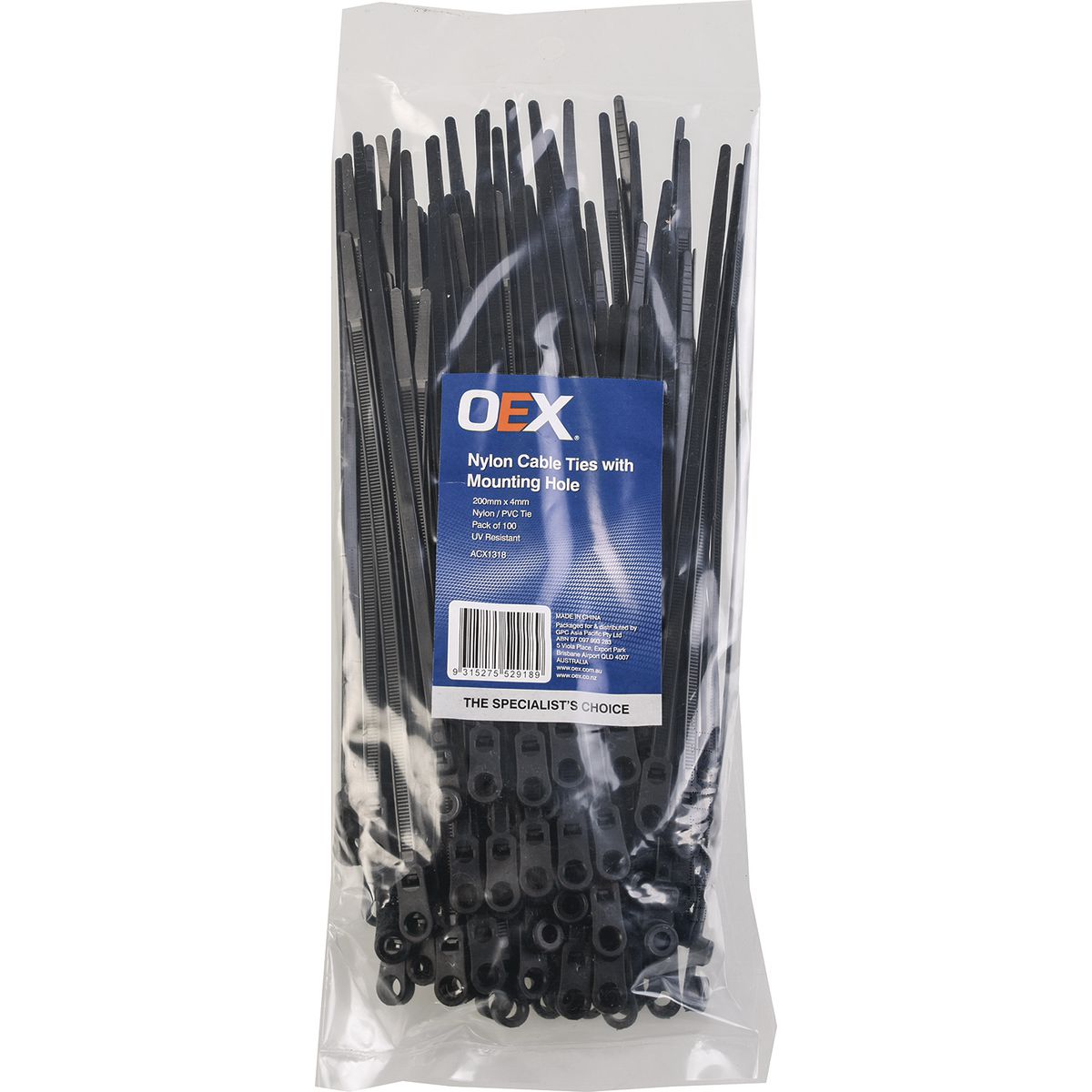 OEX Nylon Cable Ties 4.8mm x 200mm w/ Mounting Hole Black 100 Pack ACX1318