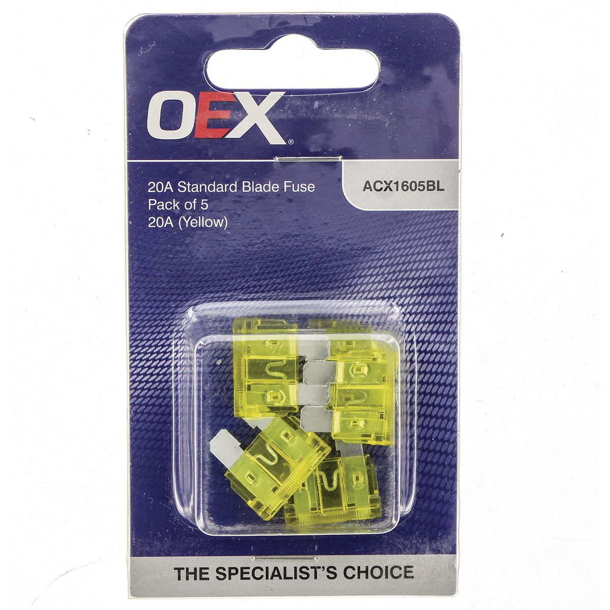 OEX Standard Blade Fuse, 20A Yellow - Pack Of 5 ACX1605BL