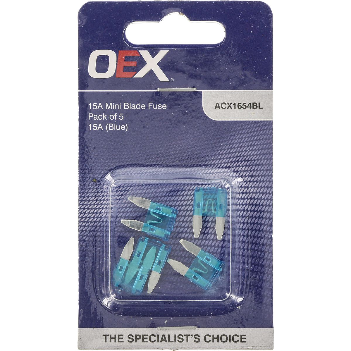 OEX Mini Blade Fuse, 15A Blue - Pack Of 5 ACX1654BL