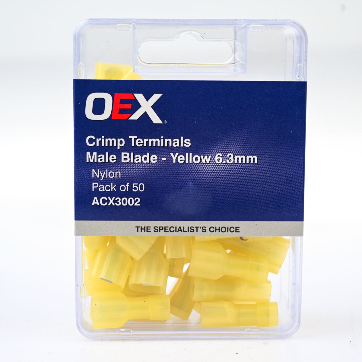 OEX Crimp Terminal Male Blade Yellow 6.3mm Polycarbonate (50 Pack) ACX3002