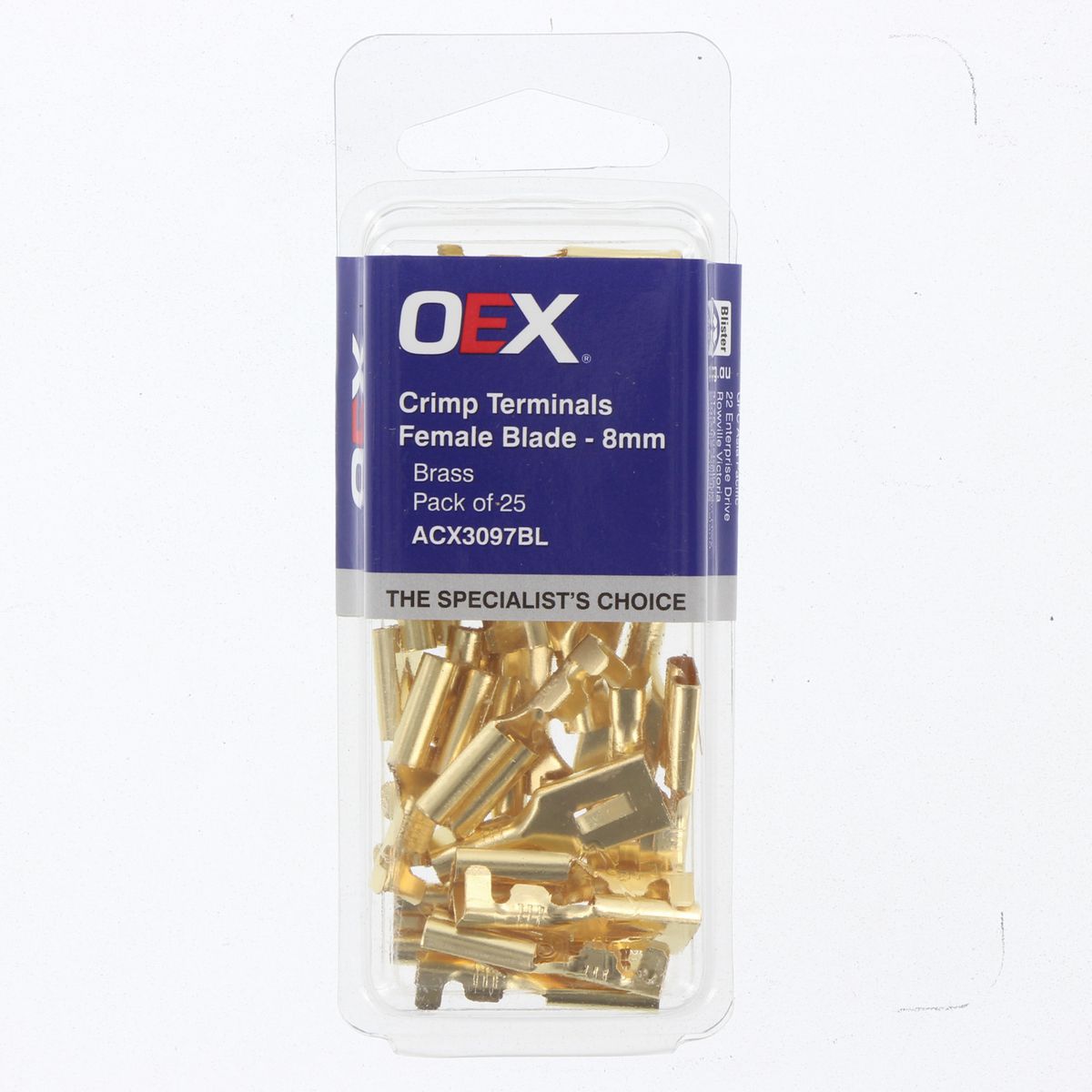 OEX Crimp Terminal Female Blade Brass Terminal Entry 8 X 0.8mm Non Insulated 25 Pce ACX3097