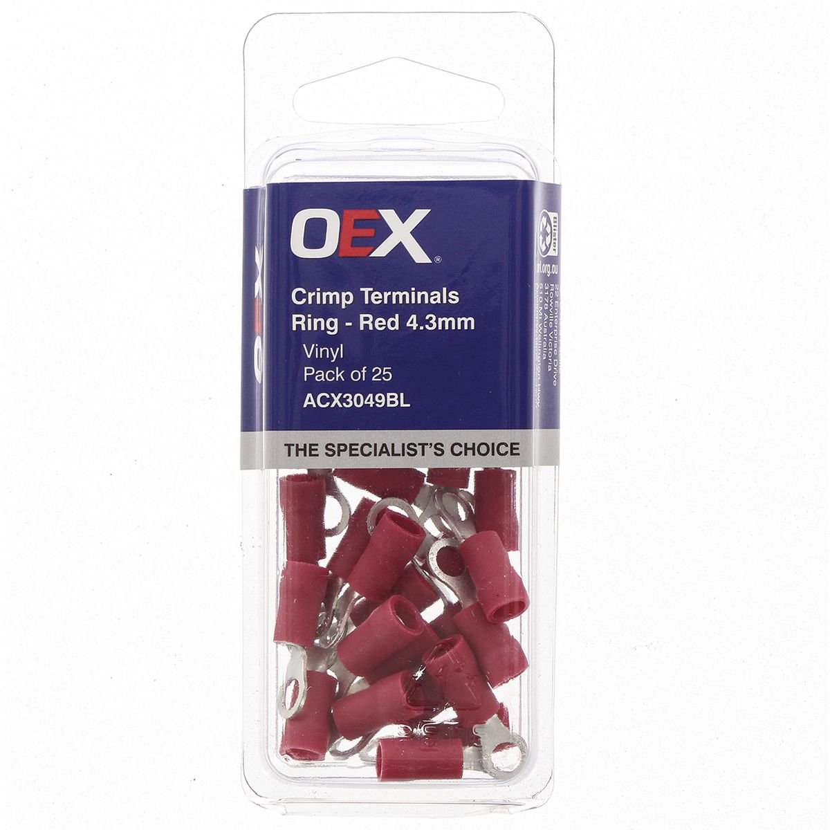 OEX Crimp Terminal Ring Red Id 4.3mm Vinyl 25 Pce ACX3049BL