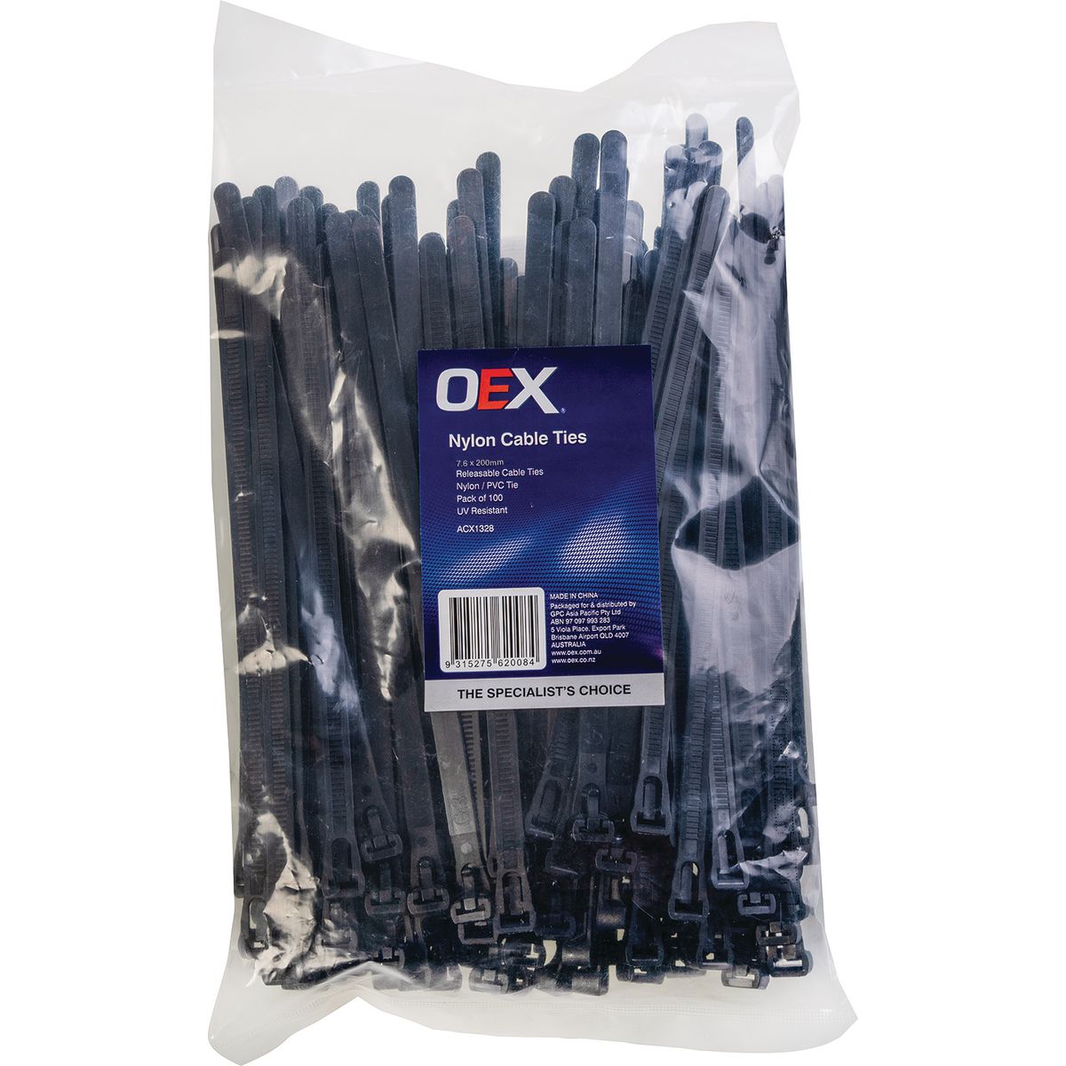 OEX Nylon Cable Ties 7.6mm x 200mm Releasable Black 100 Pack ACX1328