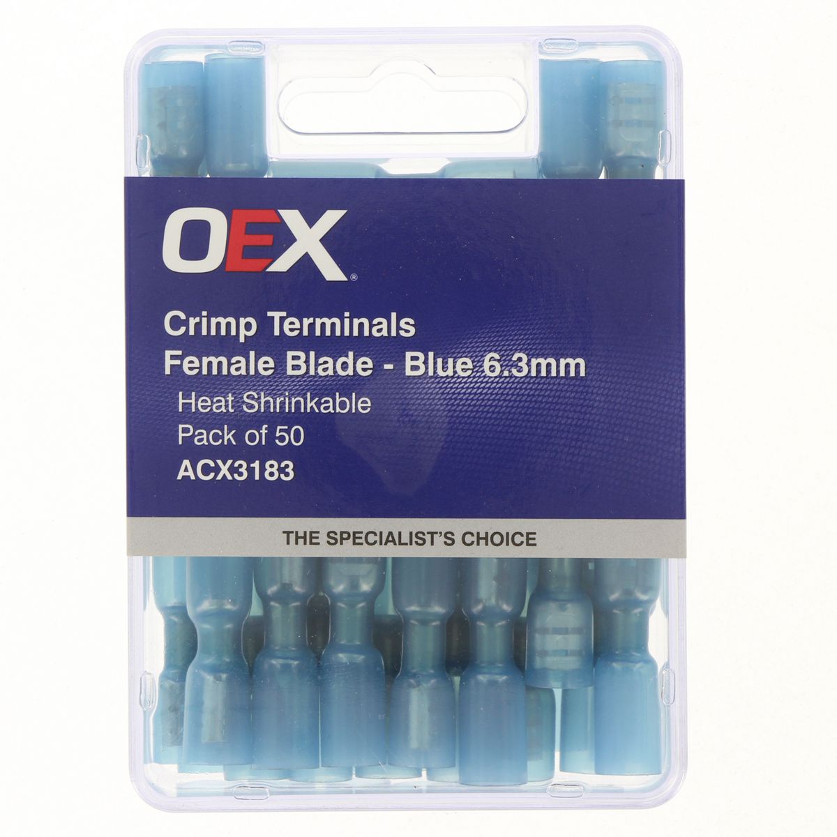 OEX Crimp Terminal Female Blade Blue Terminal Entry 6.3 X 0.8mm Heat Shrinkable 50 Pce ACX3183