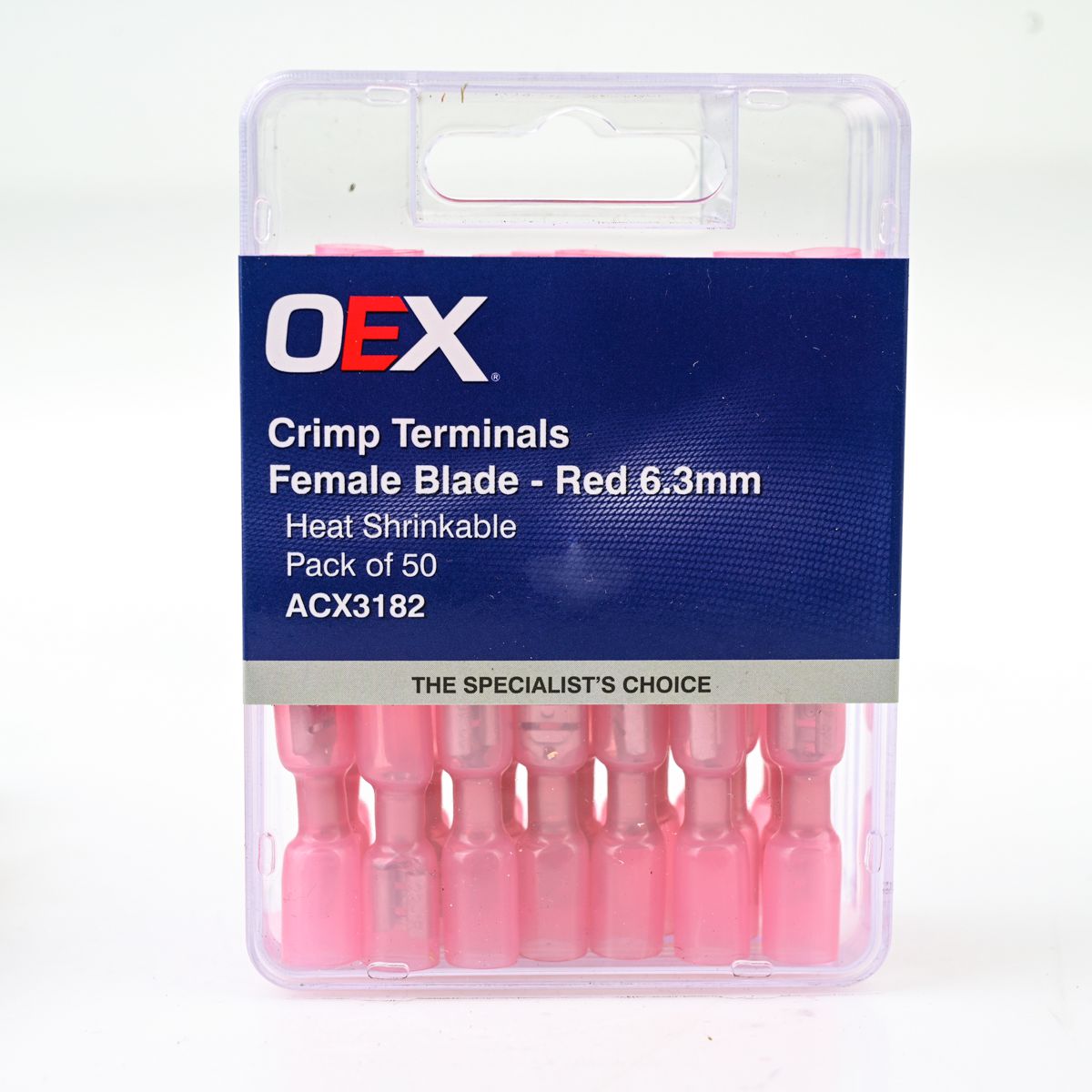 OEX Crimp Terminal Female Blade Red Terminal Entry 6.3 X 0.8mm Heat Shrinkable 50 Pce ACX3182