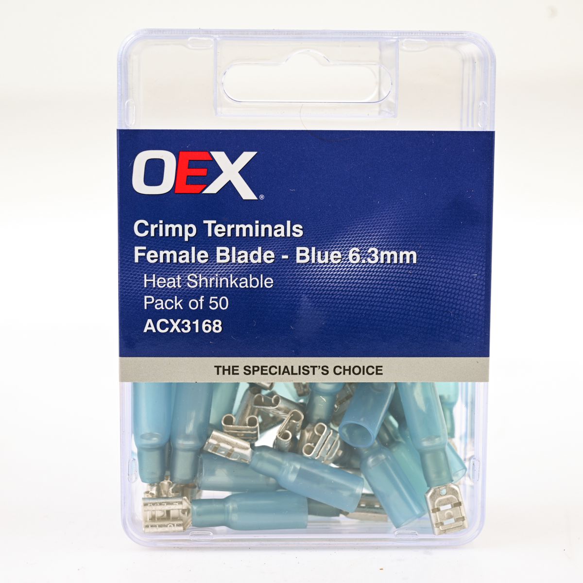 OEX Crimp Terminal Female Blade Blue Terminal Entry 6.3 X 0.8mm Heat Shrinkable 50 Pce ACX3168