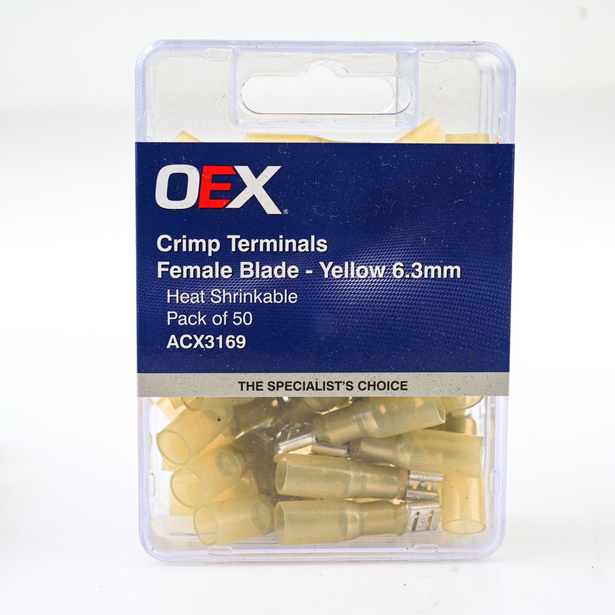 OEX Crimp Terminal Female Blade Yellow Terminal Entry 6.3 X 0.8mm Heat Shrinkable 50 Pce ACX3169