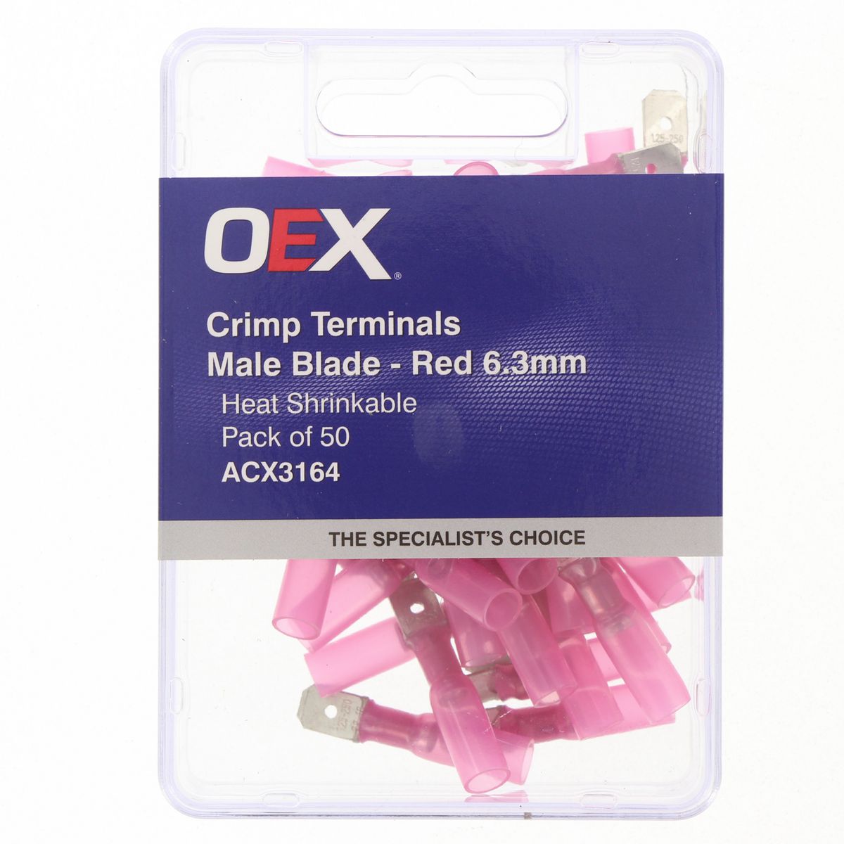 OEX Crimp Terminal Male Blade Red Terminal Entry 6.3 X 0.8mm Heat Shrinkable 50 Pce ACX3164