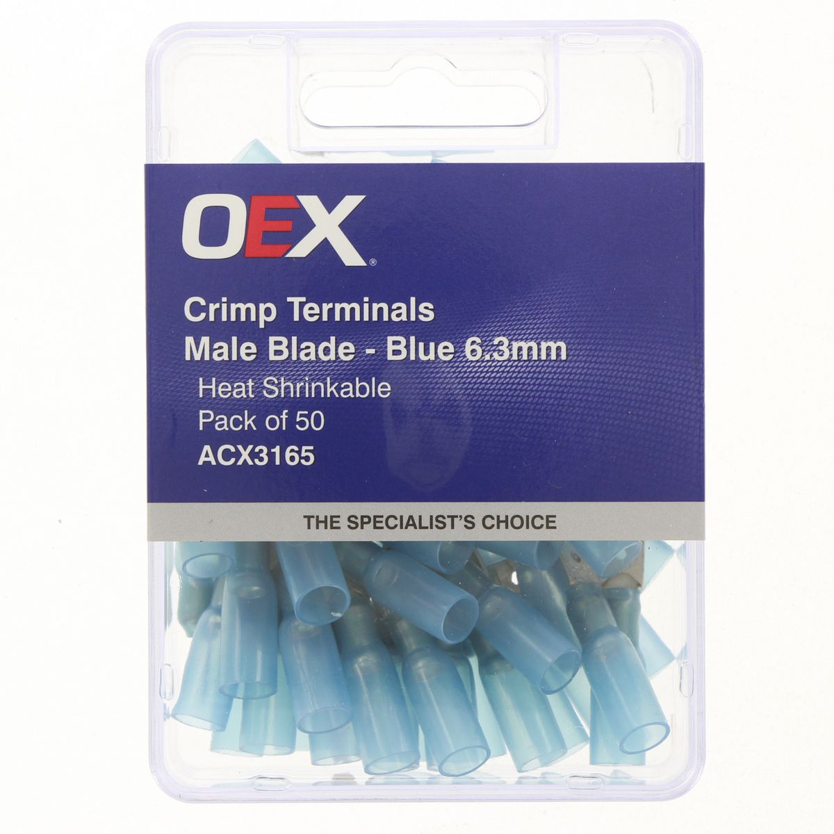 OEX Crimp Terminal Male Blade Blue Terminal Entry 6.3 X 0.8mm Heat Shrinkable 50 Pce ACX3165