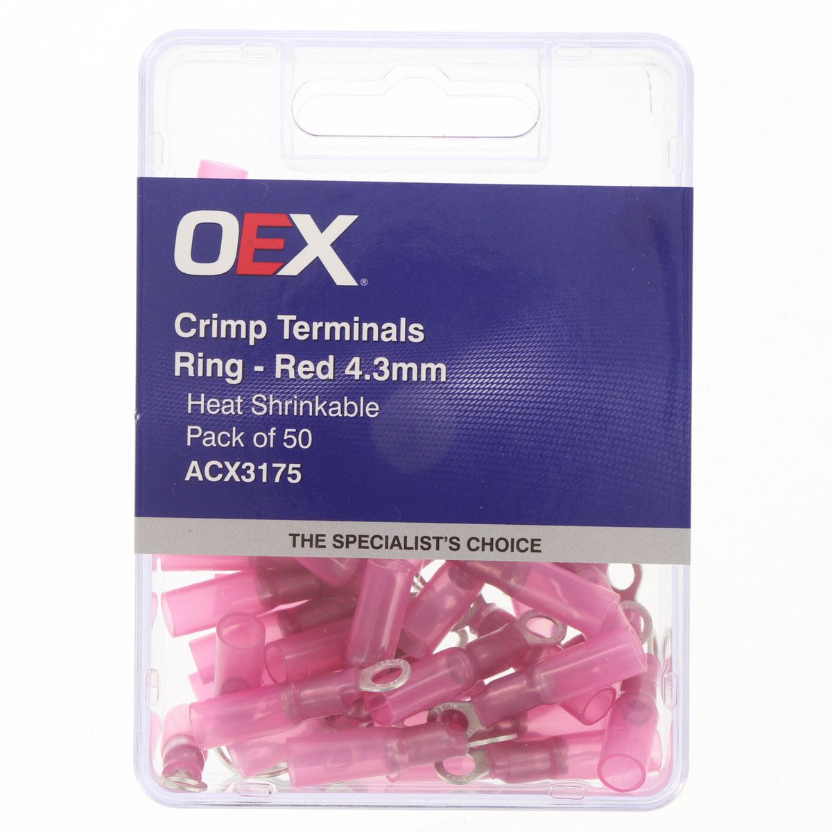 OEX Crimp Terminal Ring Red Id 4.3mm Heat Shrinkable 50 Pce ACX3175