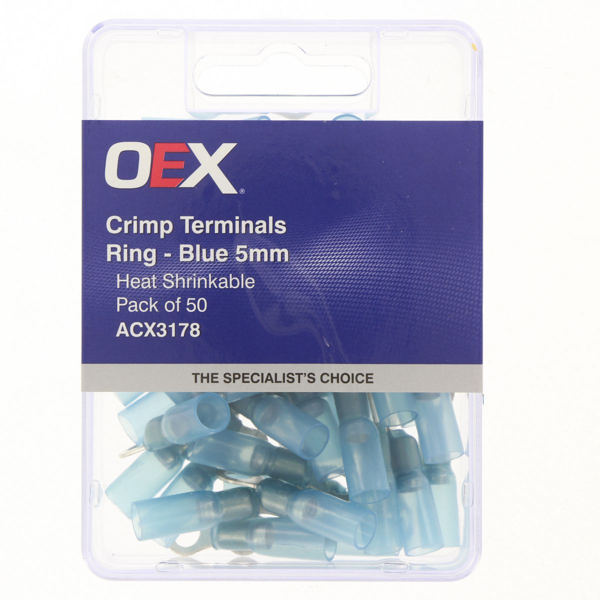 OEX Crimp Terminal Ring Blue Id 5mm Heat Shrinkable 50 Pce ACX3178