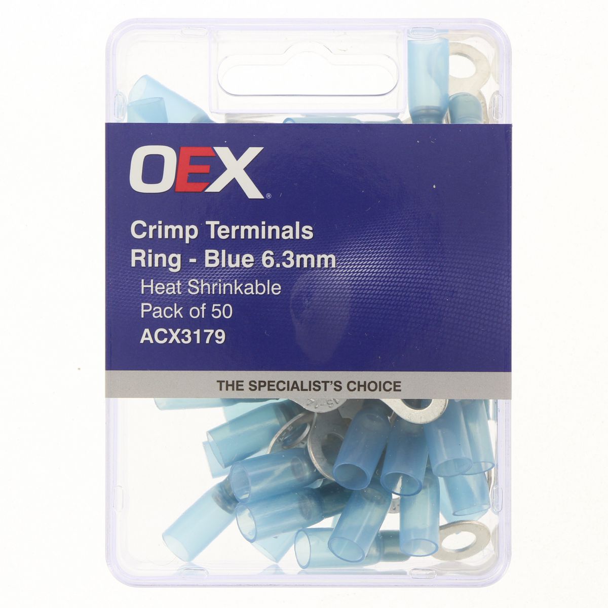OEX Crimp Terminal Ring Blue Id 6.3mm Heat Shrinkable 50 Pce ACX3179