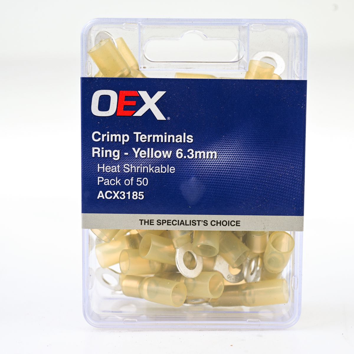 OEX Crimp Terminal Ring Yellow Id 6.3mm Heat Shrinkable 50 Pce ACX3185