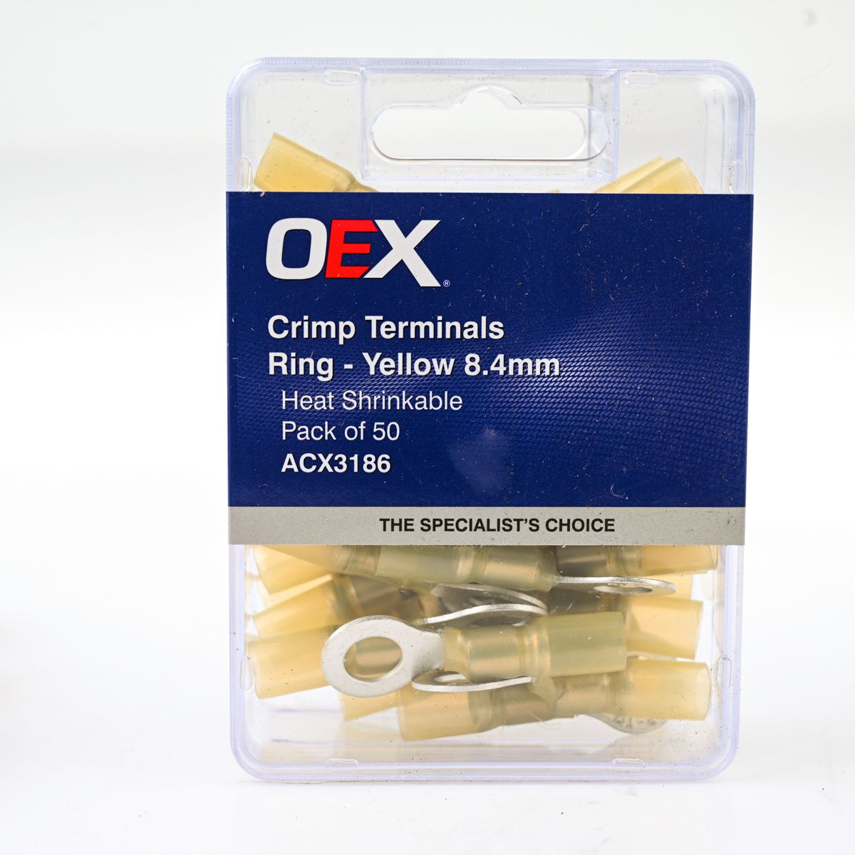 OEX Crimp Terminal Ring Yellow Id 8.4mm Heat Shrinkable 50 Pce ACX3186