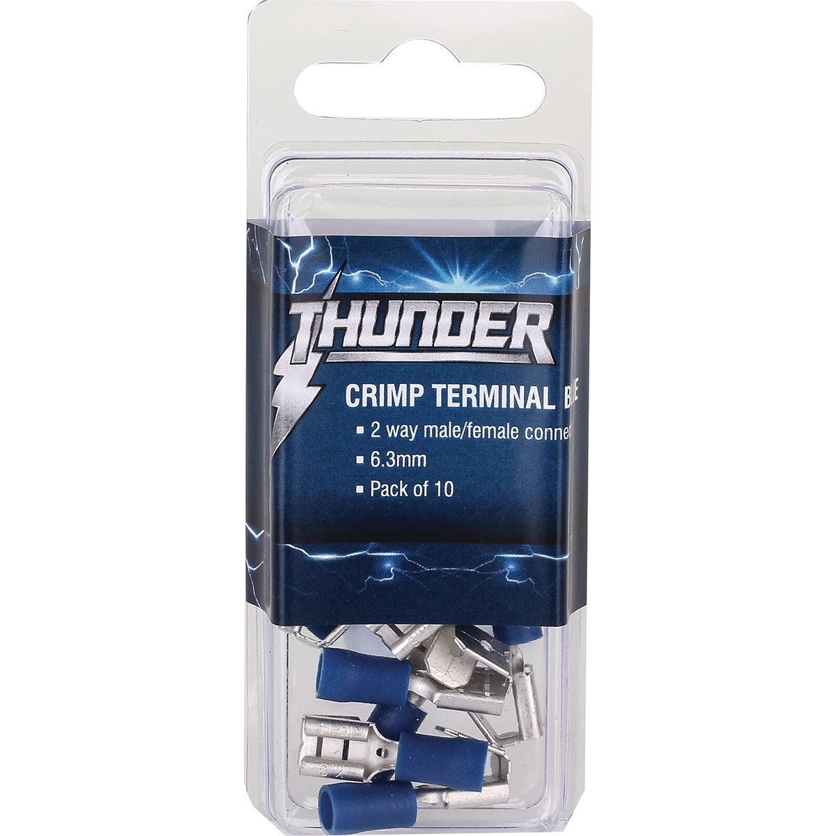Thunder Crimp Terminal 2 Way Male/Female Insulated Blade Blue 6.3mm 10Pk