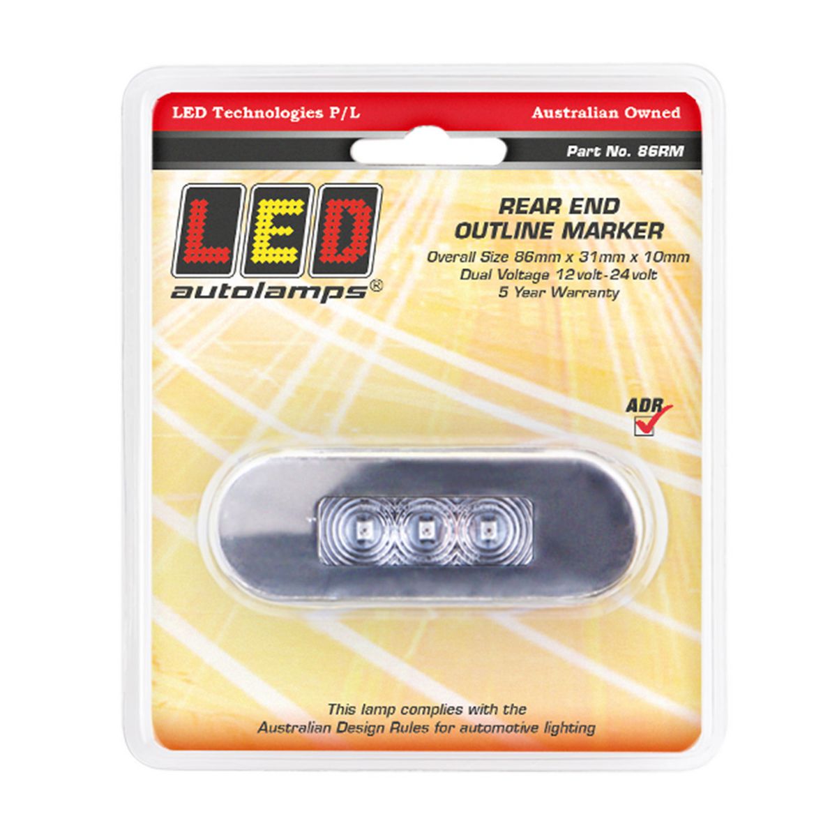 LED AutoLamps Rear Marker with Stainless Steel Bezel Red with Clear Lens 86x31x10mm 12-24V 86RM