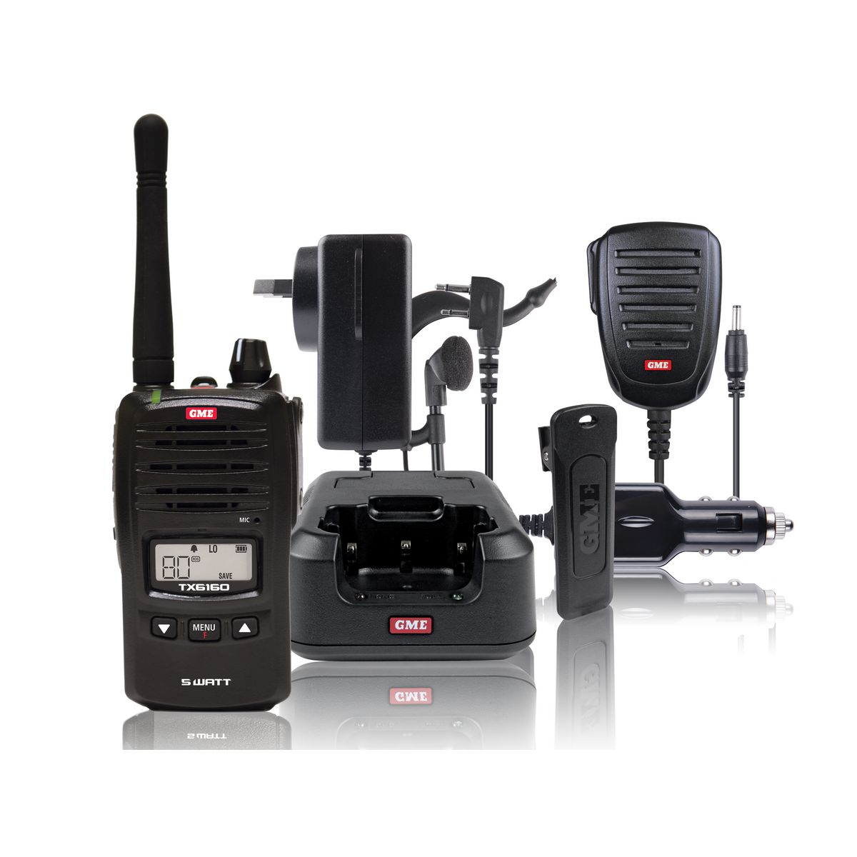 GME Handheld Waterproof IP67 UHF CB Radio 1W/5W 80CH Black BONUS Accessories TX6160