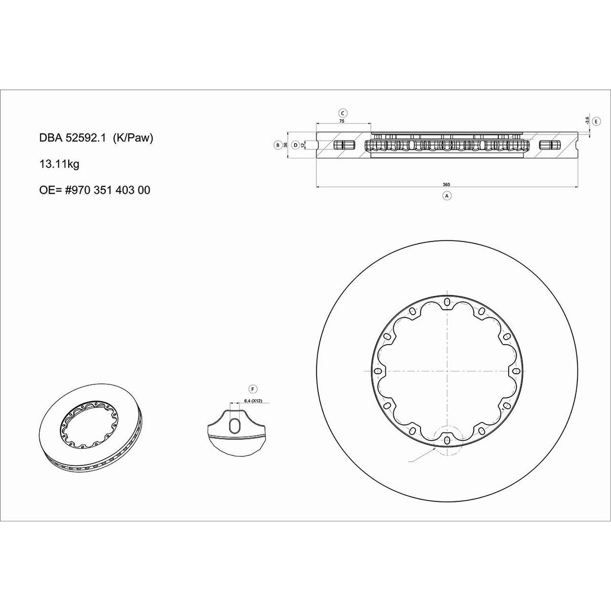 DBA XD 5000 Drilled Dimpled Replacement Brake Rotor Single 360mm Front DBA52592.1XD