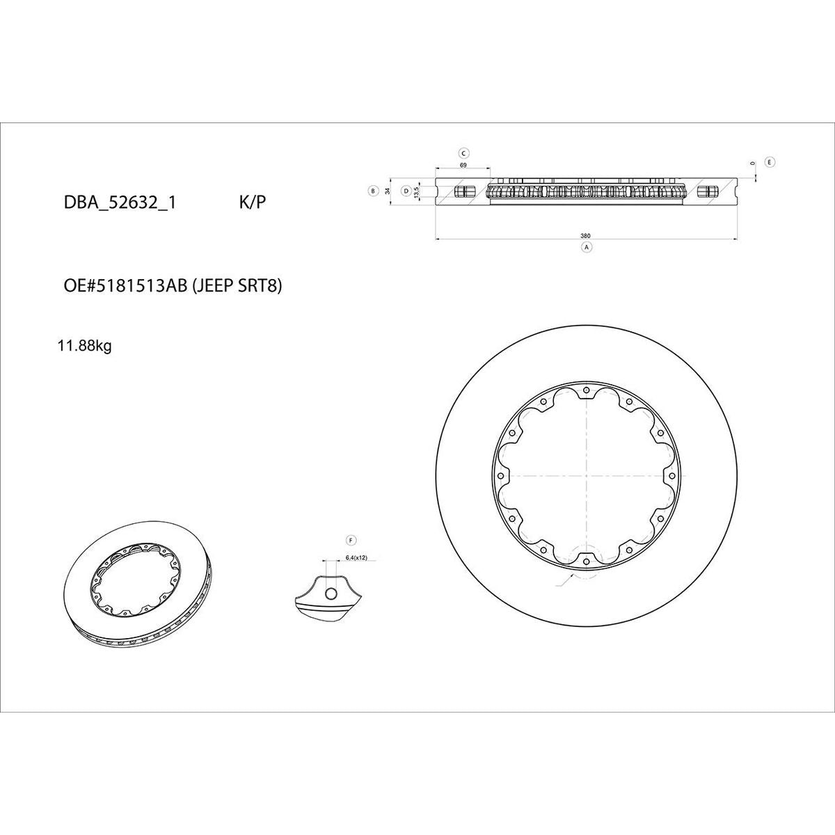 DBA XD 5000 Drilled Dimpled Replacement Brake Rotor Single 380mm Front DBA52632.1XD